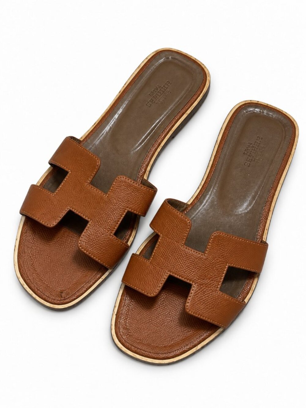 Hermès Oran Brown Leather H Strap Flat Slide Sandals